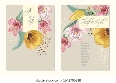 Composition, greeting card, wreath of flowers of tulips, Alstroemeria, lilies. Suitable for wedding, happy birthday, happy Valentine's Day, March 8, advertising, sales, discounts, labels.