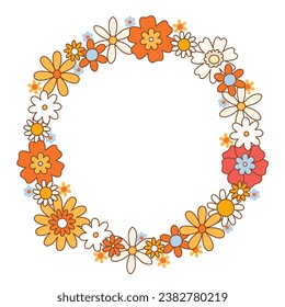 Composición de las flores groovy en forma de círculo. Flores de margarita feliz de alucinógeno. Copiar espacio. Ilustración vectorial aislada de Hippie 60s 70s.