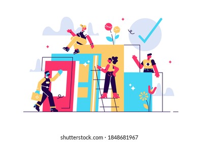 Composición con un grupo de gerentes, empleados o trabajadores de oficina escalando juntos y apoyándose mutuamente. Concepto de creación de equipos, trabajo en equipo, trabajo colectivo. Ilustración vectorial plana de color.