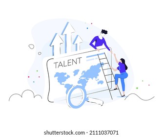 Composition with group of managers, employees or office workers climbing up together and supporting each other. Concept of team building, teamwork, collective work. Flat  vector illustration.