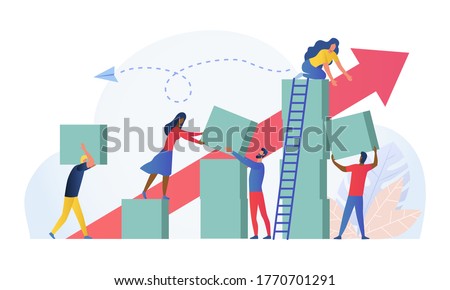 Composition with group of multiracial employees, managers or office workers moving boxes to assemble towers. Concept of teamwork, team building and building successful business. Vector illustration.
