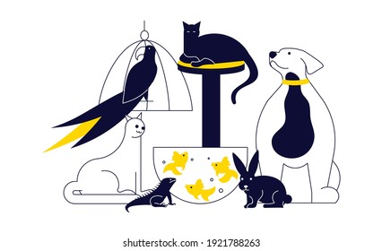 Composition Group Of Pets Isolated On White Background. Layout Banner For Pet Shop Or Veterinary Clinic. Flat Art Vector Illustration