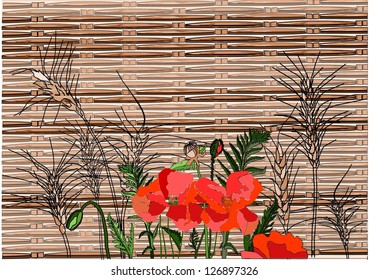 Composition of a group of poppies and wheatÃ?Â´s stems above a  wickerÃ¢Â?Â?s background