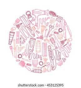Composition with hair styling including hair dryer, hair straightener, curling iron, comb, hairspray and other tools. Hand drawn vector hair styling collection