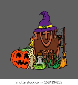 Composition for Halloween. Grave, pumpkin, broom, witch hat, cobweb, candle and poison. Sketch. Emblem, icon, symbol, sign. Vector illustration