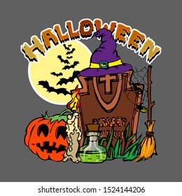 Composition for Halloween. Grave, pumpkin, broom, witch's hat, cobweb, candle, bats, poison, moon. Above is the inscription - Halloween. Sketch. Emblem, icon, symbol, sign. Vector illustration
