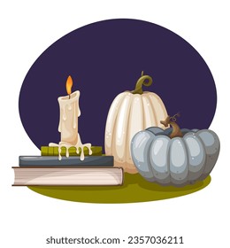 Composition for Halloween. Pumpkin, jack o lantern, stack of books and candles, cobwebs in the corner. Halloween house decoration. Vector illustration for poster, banner, cover, postcard, card.