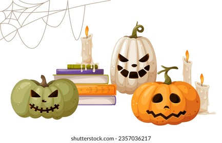 Composition for Halloween. Pumpkin, jack o lantern, stack of books and candles, cobwebs in the corner. Halloween house decoration. Vector illustration for poster, banner, cover, postcard, card.