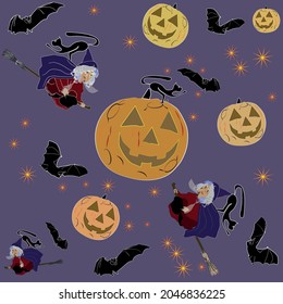 Composition for the Halloween:  witches with a black cats, flying on a broomstick,  bats  and   moons in the form of a Jack-o'-lantern.