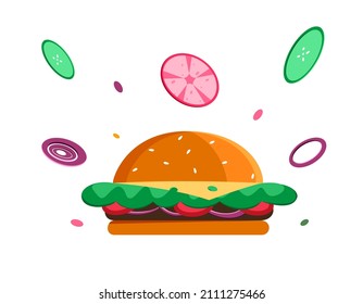 Composición con hamburguesa y verduras voladoras. La comida rápida y el concepto poco saludable. Icono de Cheesburger para el menú. Ilustración vectorial en estilo plano aislado en fondo blanco