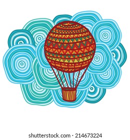 Composition of hand drawn air balloon on a cloudy background. Vector illustration.