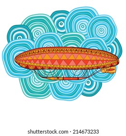 Composition of hand drawn airship, dirigible, on a cloudy background. Vector illustration.