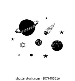Composition of hand drawn black space planets, asteroid and stars isolated on white background.