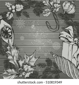 Composition of hand drawn Christmas and holiday elements on a wooden background. Template for greeting cards, invitations, posters, flyers, labels. Vector illustration.