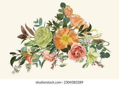 Composición con un jardín decorativo de colores pintados a mano y flores silvestres. Esbozo dibujado a mano. Plantilla para diseño textil floral, papel, papel pintado, web.