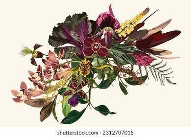 Composition with hand drawn colored decorative garden and wild flowers. Hand drawn sketch. Template for floral textile design, paper, wallpaper, web.