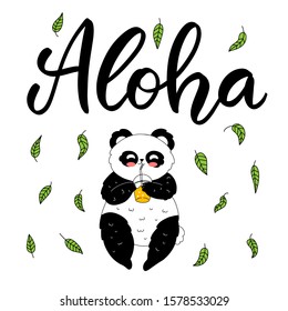 Composition with hand drawn cute panda chilling out with cold lemonade. Vector set with hand written elegant lettering "Aloha" on background with leaf pattern.
