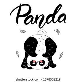 Composition with hand drawn cute playful panda. Vector set with hand written elegant lettering "Panda" on white background.