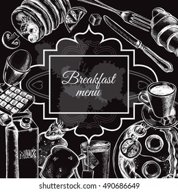 Composition of hand drawn food elements: English breakfast, coffee, pancakes, toast, waffle. Vector illustration. Menu or signboard template for restaurant and cafe.