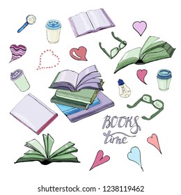 Composition of  hand drawn ink and colored  sketch with books,  glasses, cups of coffe and lettering. Vector illustation isolated on white background.