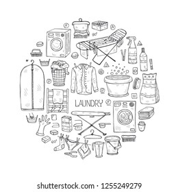 Composition with hand drawn laundry icons. Collection of sketched objects.  Home laundry service. Accessories for washing and drying clothes