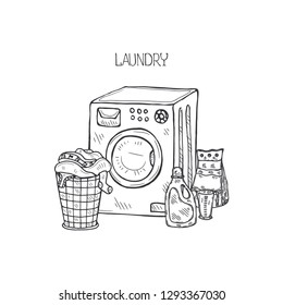 Composition with hand drawn laundry icons. Collection of sketched objects.  Home laundry service. Accessories for washing and drying clothes