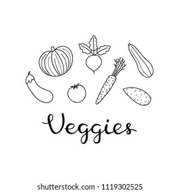 Composition with hand drawn outline veggies and lettering on white background.