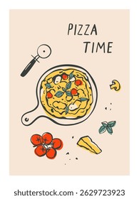 Composición con pizza dibujada a mano e ingredientes. Ilustración para el diseño del cartel, tarjeta, menú, redes sociales