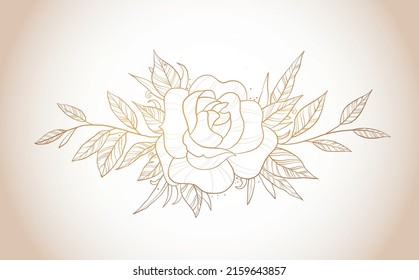 Composición con flor de rosa dibujada a mano y hojas de estilo vintage. Arte de línea vectorial para el diseño de tatuajes, página de coloreado, invitación, tarjeta de saludo.