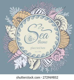 Composition with hand drawn sea elements - shells and corals. Vector illustration.