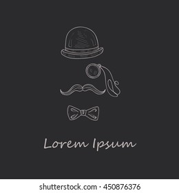 Composition with hand drawn  silhouette of bowler, mustaches, monocle and a bow tie. Vector illustration.