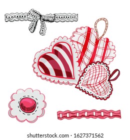 Composition with hand drawn sketch of  sewing hearts and decorative tapes. Color elements isolated on white background. Symbols for decorate card, banner or label. For Happy Valentine's Day 