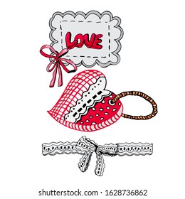 Composition with hand drawn sketch of  sewing hearts and decorative tape, bow and label. Color elements isolated on white background. Symbols for decorate card, banner or label. For Happy Valentine's 