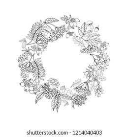 Composition of hand drawn sketch style autumn plants isolated on white background. Vector illustration.