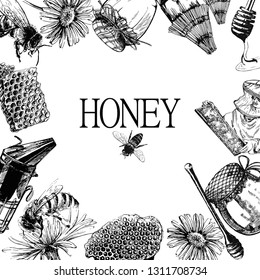 Composition of hand drawn sketch style beekeeping themed objects. Vector illustration.