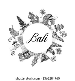Composition of hand drawn sketch style Bali themed objects isolated on white background. Vector illustration.