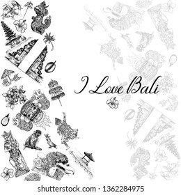 Composition of hand drawn sketch style Bali themed objects isolated on white background. Vector illustration.