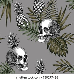 Composición del patrón de piña y hojas tropicales dibujadas a mano sin fisuras