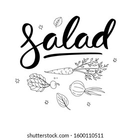 Composition with hand drawn vegetables with elegant Salad hand lettering. Cute veggie doodles in vector on white background. 