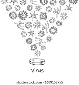 Komposition mit handgezeichneten Viren. Wissenschaftssammlung. Vektorillustration-Doppel-Illustration