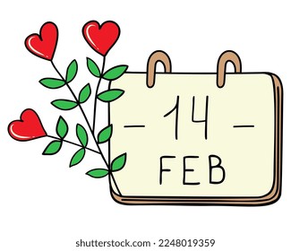 A composition of hand-drawn vector images for Valentine's Day. Decoration for Valentine's Day. Symbols of Valentine's Day. A flower with a heart.Desktop calendar.
