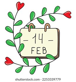 Composición de imágenes vectoriales hechas a mano para el Día de San Valentín. Decoración para el Día de San Valentín. Una flor con corazón. Calendario de escritorio con la fecha 14 de febrero.