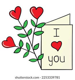 A composition of hand-drawn vector images for Valentine's Day. Decoration for Valentine's Day. A flower with a heart. A postcard with the inscription I love you.