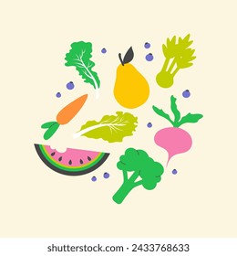 Composition of handdrawn vegetables and fruits. Cute healthy design for tote bag, T-shirt, kitchen poster.