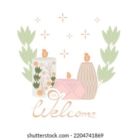 Composition with handmade scented candles made of soy and coconut wax in candlesticks and jars of various shapes. Template for postcards banners with the inscription welcome in the folk hygge style