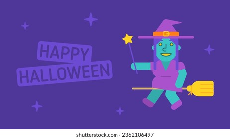 Composition happy halloween cute witch flies on broom and holds magic wand. Vector Illustration