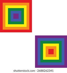 The composition has two main square motifs (one in the top left, one in the bottom right). Each square motif is made of concentric colored squares, one inside another, forming a layered look.