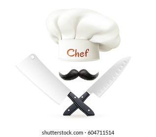 Composition from hat of chef with red lettering mustache and crossed knives on white background vector illustration