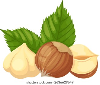 Composition of hazelnuts featuring whole nuts, kernels, and vibrant green leaves, creating an appealing arrangement that highlights their natural beauty and nutritional value