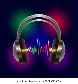 Composition of headphones, abstract design elements, colors and lights as a concept metaphor for music, audio, audiophile, performance, songs, games and entertainment, equalizer. vector